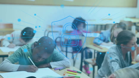 animación del icono del candado de seguridad contra diversos estudiantes que estudian en la clase en la escuela