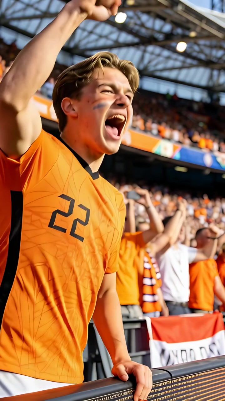 Video vertical: Aficionado masculino con camiseta naranja número 22 gritando después de un partido, agarrando la barandilla delantera.