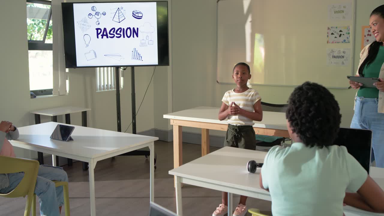 Teacher and students watching Youth female presenting at classroom front prompted by PASSION slide