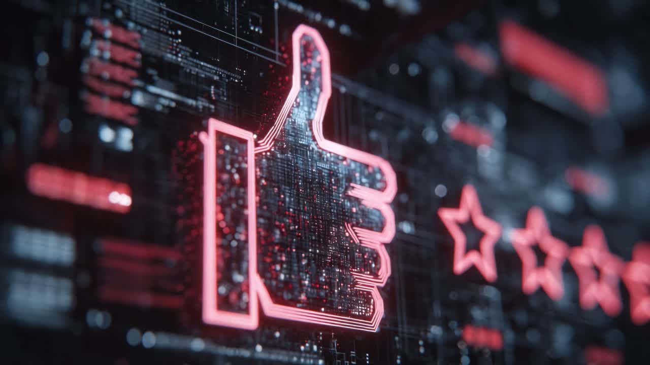 A Digital Representation of Approval: The Iconic Thumbs-Up Gesture Set Against a High-Tech Background with Illuminated Stars to Convey Positive Feedback and Ratings