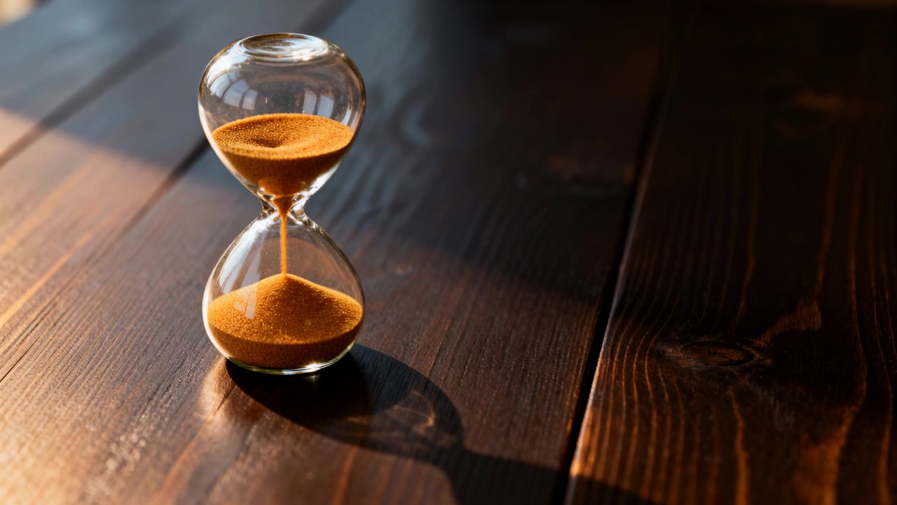 Recording starting, hourglass pouring amber sand through neck on dark wood table, marking time