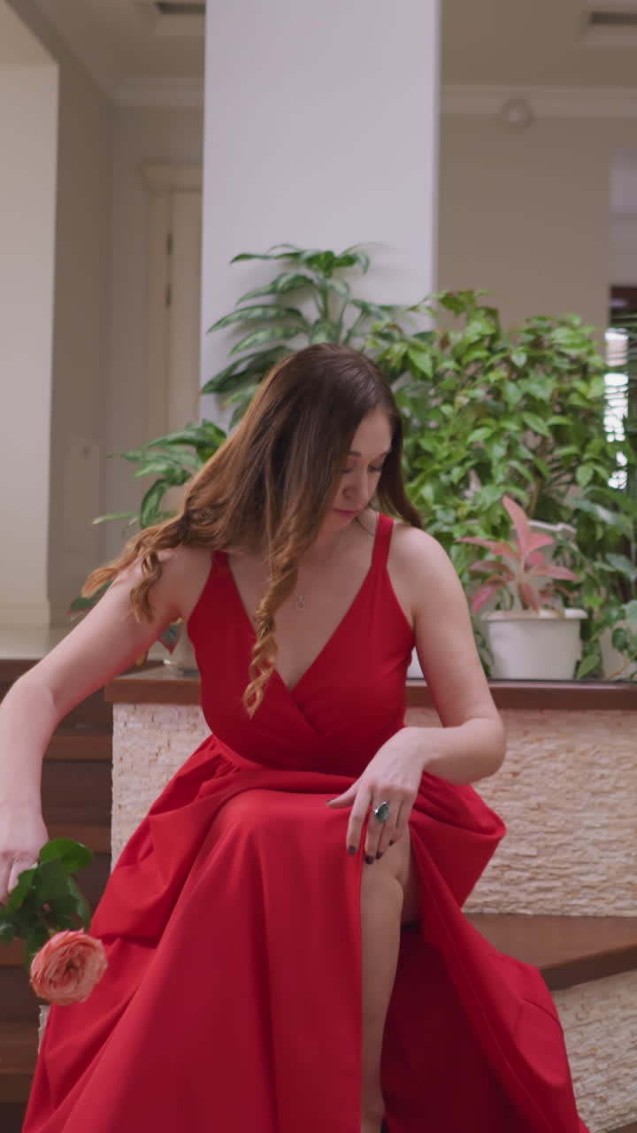 모델은 스튜디오의 벤치에 꽃과 함께 끔하게 포즈를 취합니다. 젊은 여성은 전문 예술가 창의적인 비전의 대상이 될 준비를합니다. 아름다움과 예술.