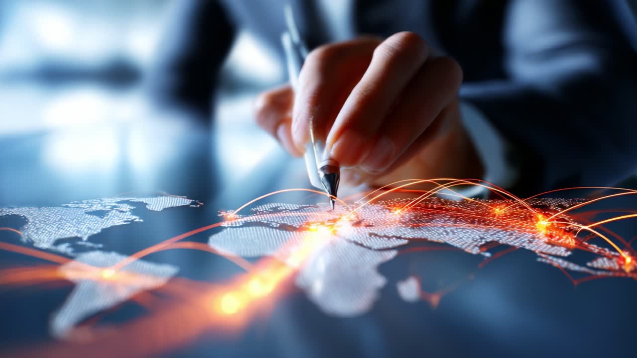 En professionel hånd tegner forbindelser på et globalt kort med en pen, der repræsenterer netværk, samarbejde og internationale forretningsforbindelser i et moderne arbejdsområde