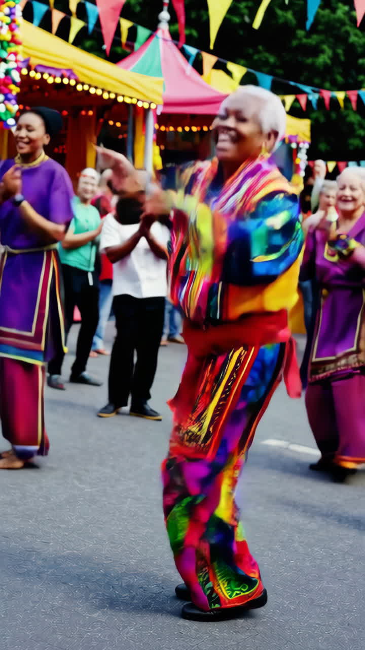 Elderly Woman Dancing in Colorful Traditional Clothing at a Street Festival