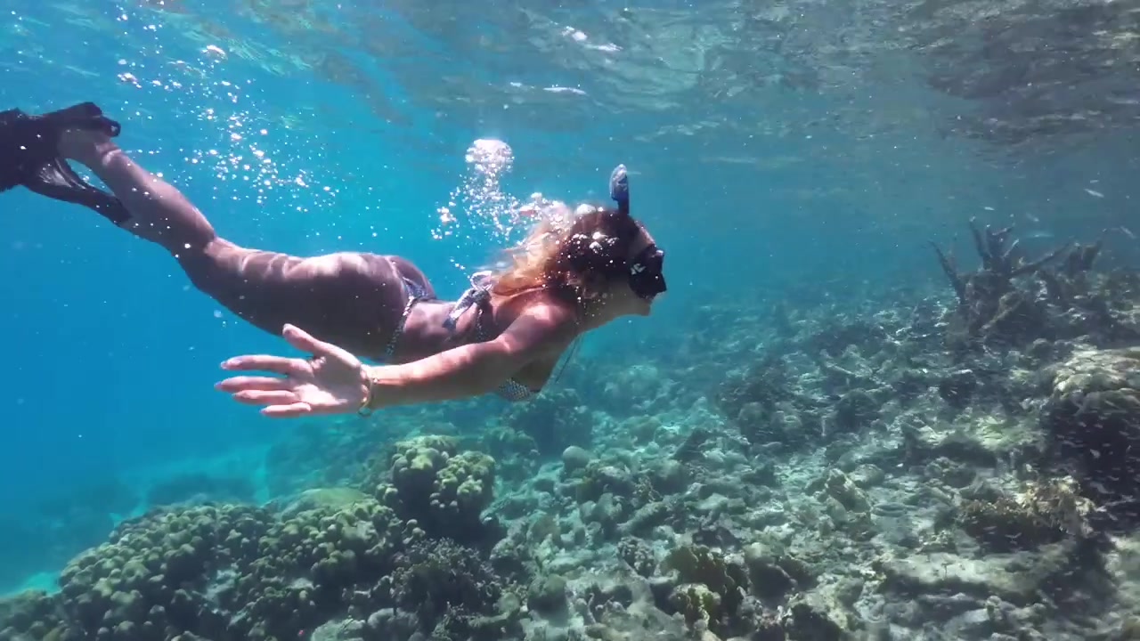 Mujer haciendo snorkel en aguas cristalinas sobre un arrecife de coral colorido, rodeada de peces