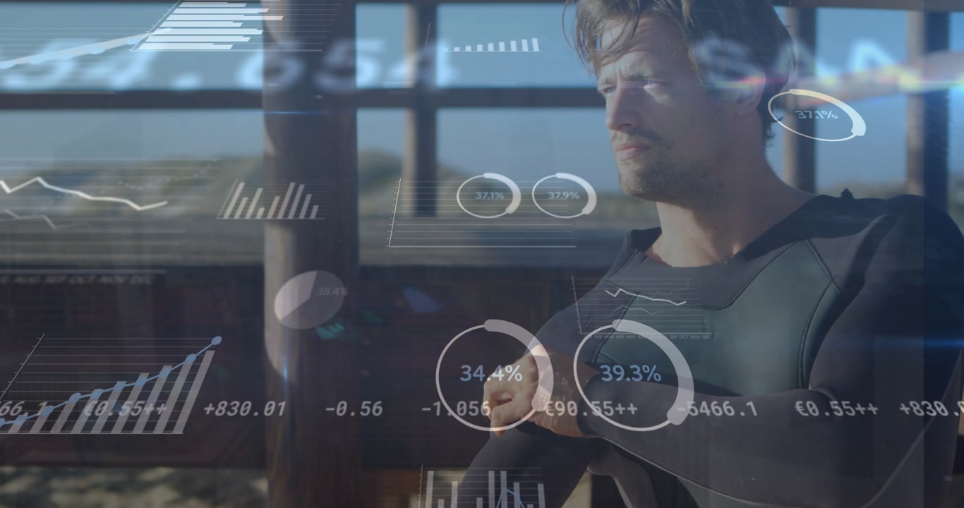 Animation of digital data processing over caucasian surfer