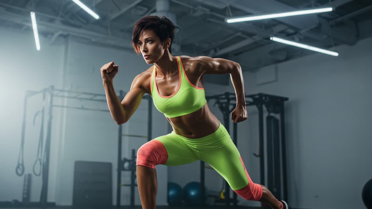 A dedicated athlete showcases strength and determination in a vibrant workout setting, demonstrating dynamic movement and fitness prowess in neon activewear