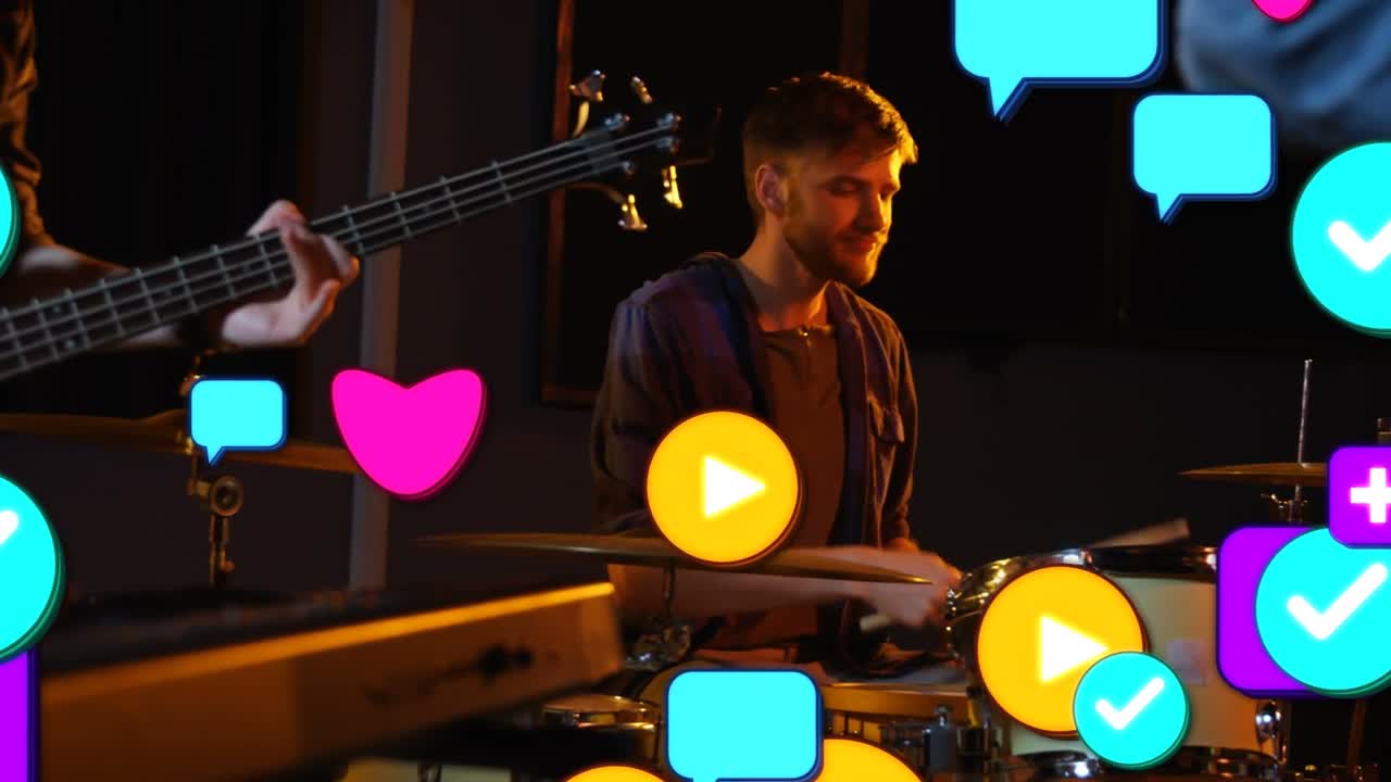 Keyboardist pressing keys, starting icons; drummer leading beat, icons filling stage for music buzz