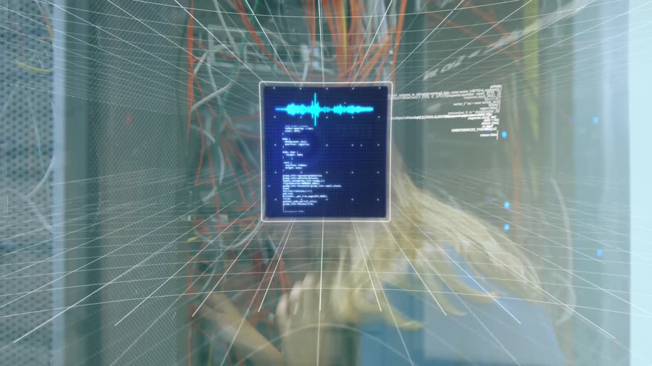 animación del procesamiento de datos a través de pantallas y servidores informáticos