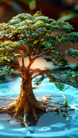 a small tree with roots is displayed on a tablet. concept of growth and life, as the tree is surrounded by water and he is thriving. the tablet's screen is illuminated, emphasizing the tree's presence