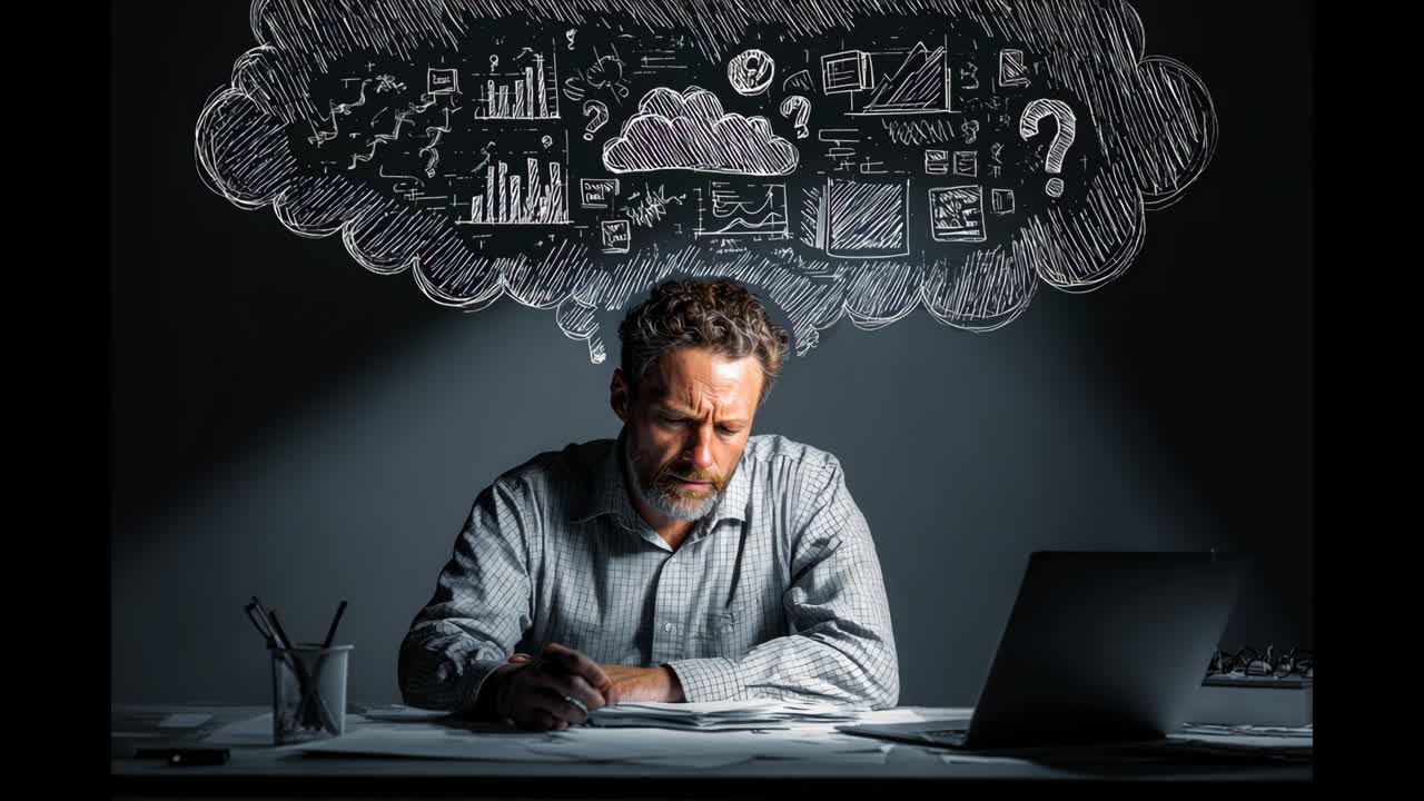 Contemplative businessman with brainstorming cloud