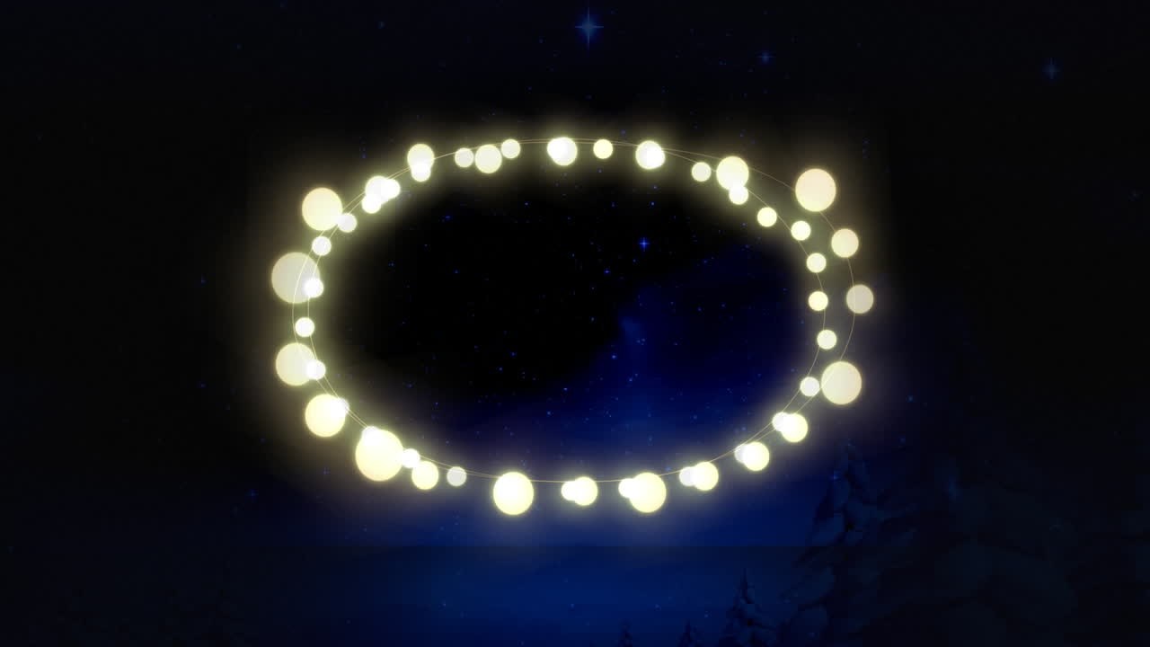 Animation of fairy light frame with copy space over fir trees and winter scenery