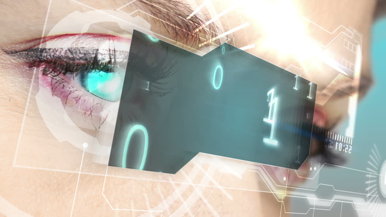 이진 코드와 함께 홀로그램 인터페이스를 보는 눈