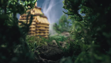 installation with small match house in smoke among forest