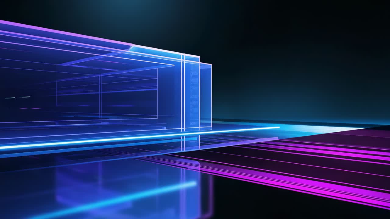 Startende loop af gennemskinneligt cyanfarvet prisme, der glider og pulserer og skaber dybde, magenta cyanfarvet gulvglød