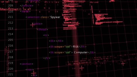 animation of warning text, binary coding and data processing over grid