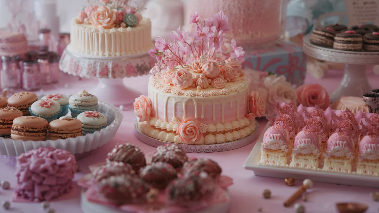 Plano de apertura que muestra una mesa de postres decorada en una celebración, con una tarta rosa y macarons