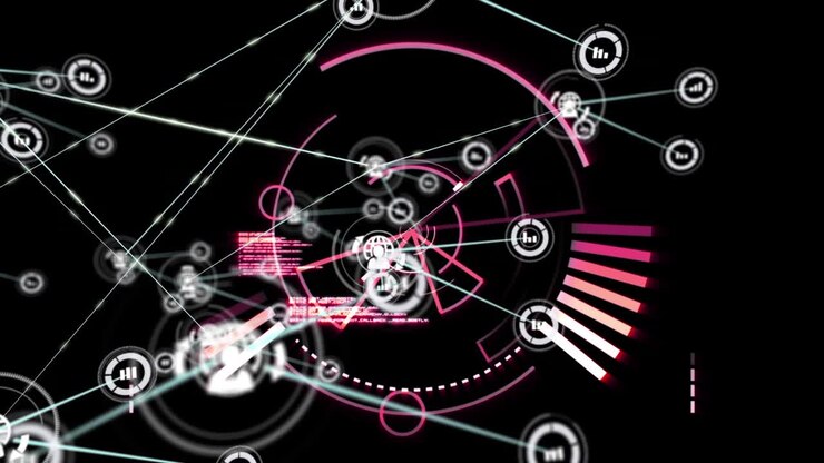 Animation of network of connections with icons over scope on black background