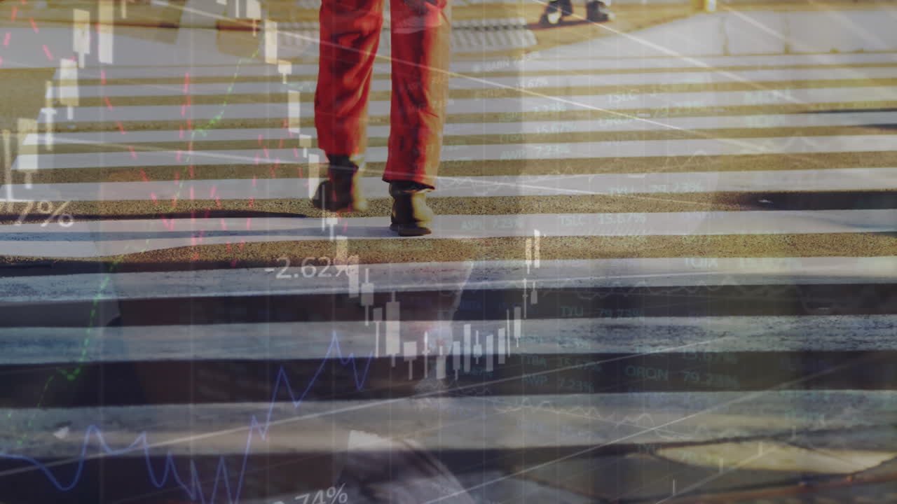 animación del procesamiento de datos financieros sobre personas que caminan por la calle y hombres que usan auriculares vr.
