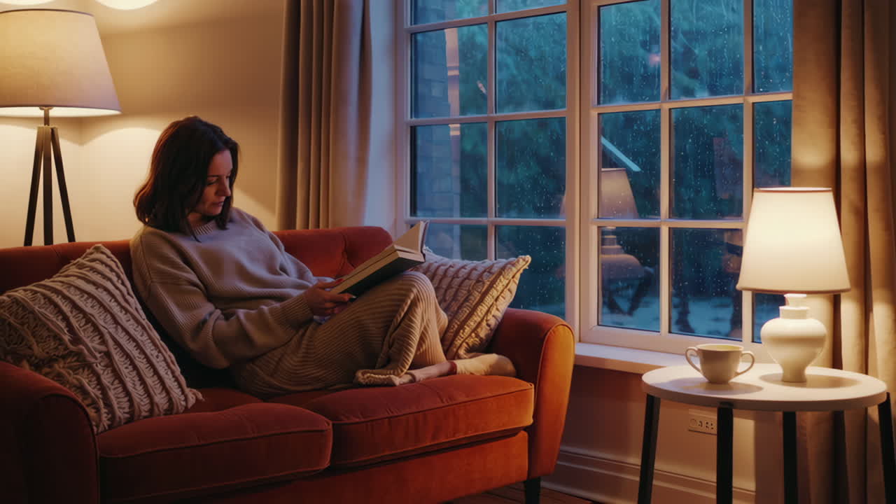 A woman reading a book on a cozy couch while it rains outside