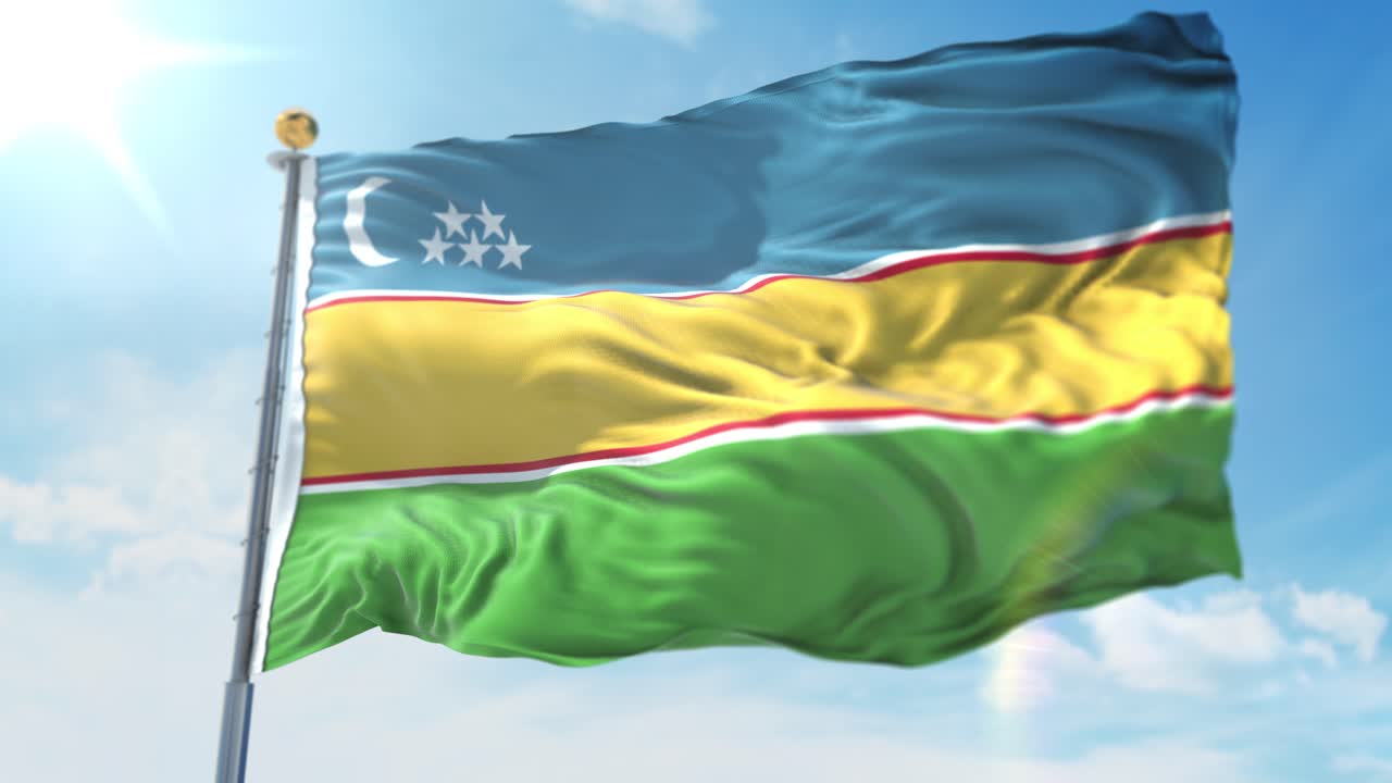4k ilustración 3d de la bandera ondeante en un poste del país karakalpakstán