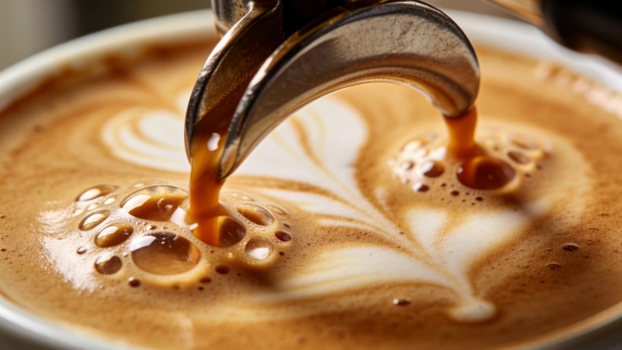 Optagelsen starter, dobbeltudløbs-portafilter hælder espresso i kop ved cafédisk, skaber latte art.