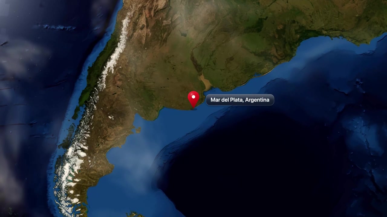 Satellite animation zooms from deep space into planet Earth, pinpointing Mar del Plata, Argentina. Includes NASA public domain imagery.
