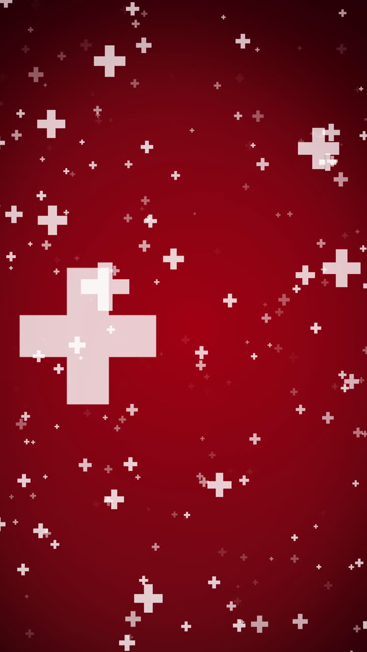 Flying medical cross and plus background. Abstract looped red animation for hospital healthcare and pharmacy. Geometrical shapes ornament. Vertical video.