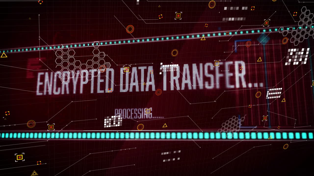 Processing data animation with geometric shapes and lines on red background