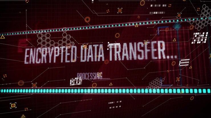 Processing data animation with geometric shapes and lines on red background