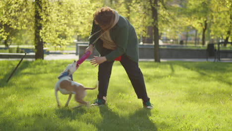man playing with dog in a sunny park