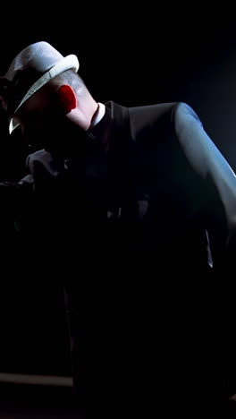 actor making a performance on theater stage. man in black suit putting on his hat and began dancing in darkness against spotlight. vertical video