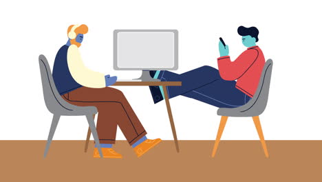 young men using desktop and smartphone
