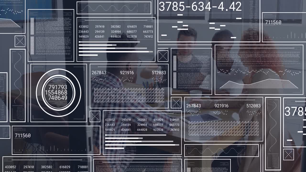 Animation of rectangles with loading bars, graphs and numbers over diverse coworkers sharing ideas