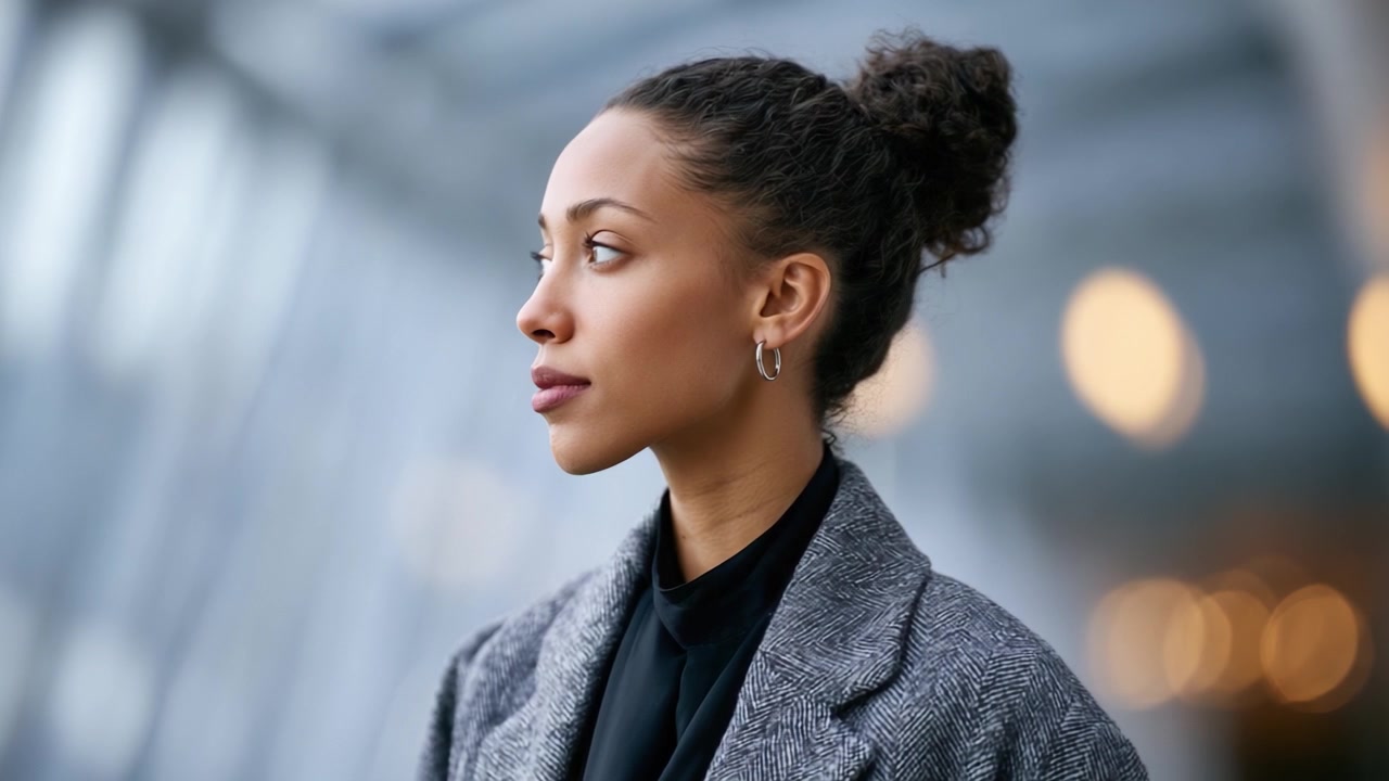 A Thoughtful Woman Stands in a Modern Environment with Natural Light Illuminating Her Profile and Highlighting Her Features, Exuding Grace and Confidence