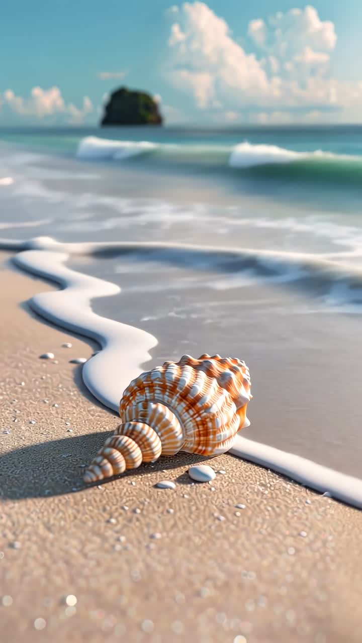 Close-up of a seashell on a sandy beach with gentle waves, captured from a low angle