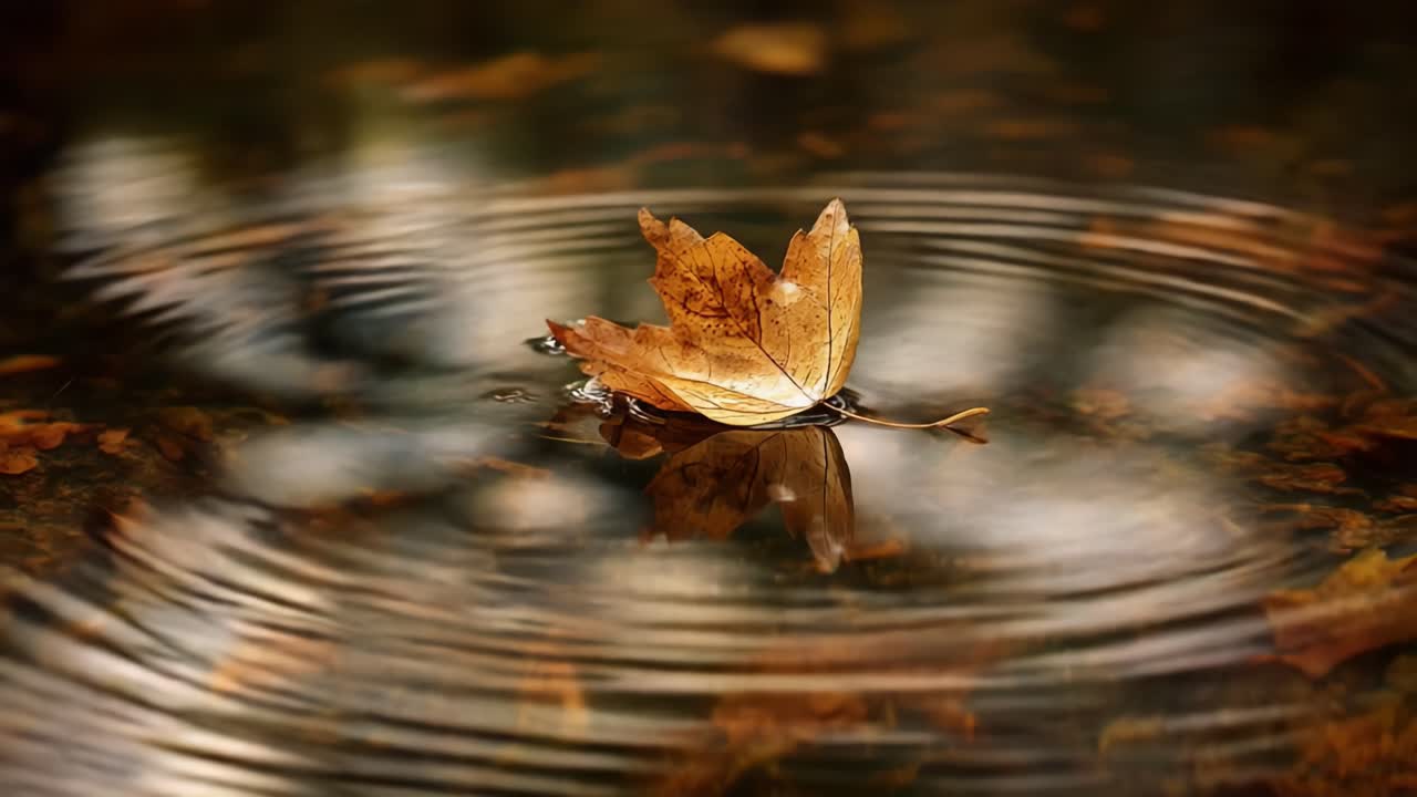 A Tranquil Scene of a Fallen Leaf Drifting on Water, Capturing the Essence of Autumn Through Delicate Ripples and Soft Reflections in Nature's Stillness
