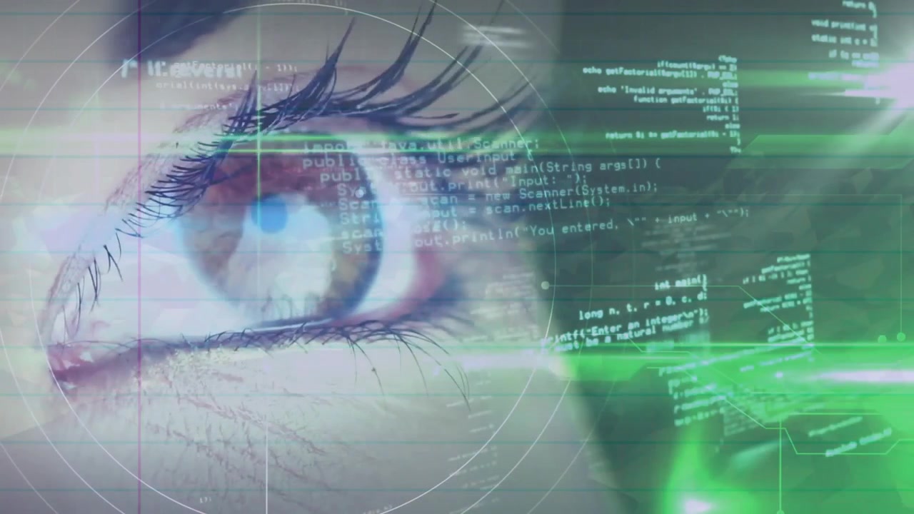 Eye receiving code overlay, initiating biometric scan, showing scan beam sweeping, reticle pulsing