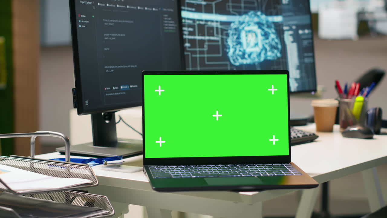 Isolated Screen Laptop In Empty Ai Startup Office