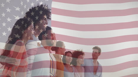 standing together with american flag overlay, diverse group showing unity