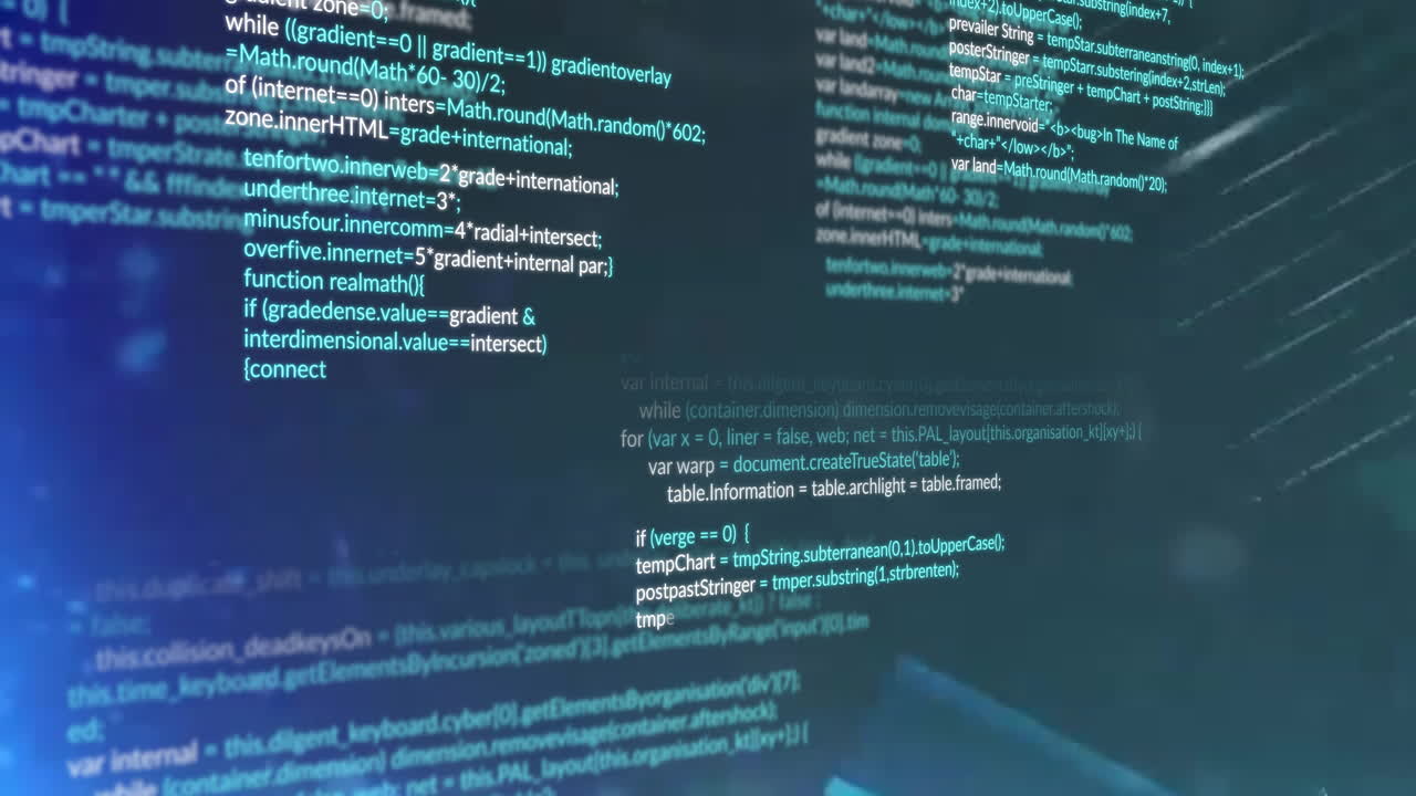 Animation of computer code with blue and green text on dark background