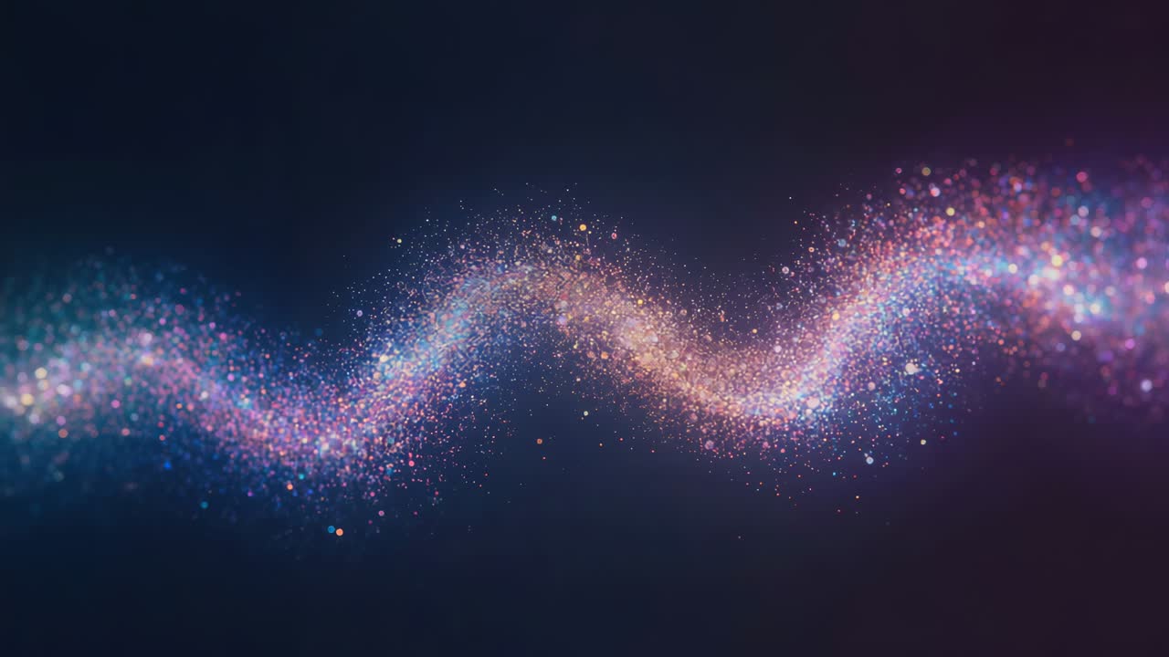 Opening void revealing particle wave undulating toward viewer in digital space with bokeh points