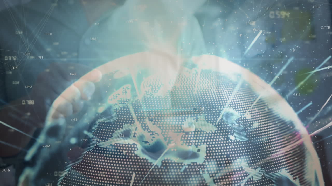 을 사용하는 백인 여성 노동자에 대한 연결 네트워크와 지구의 애니메이션