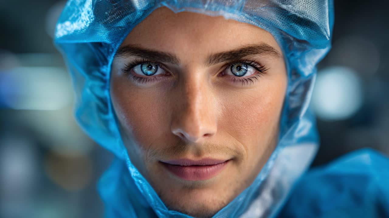 Primo piano di una persona con indumenti protettivi, che mostra un'espressione concentrata e intensi occhi azzurri, con uno sfondo che evidenzia un ambiente clinico o di laboratorio