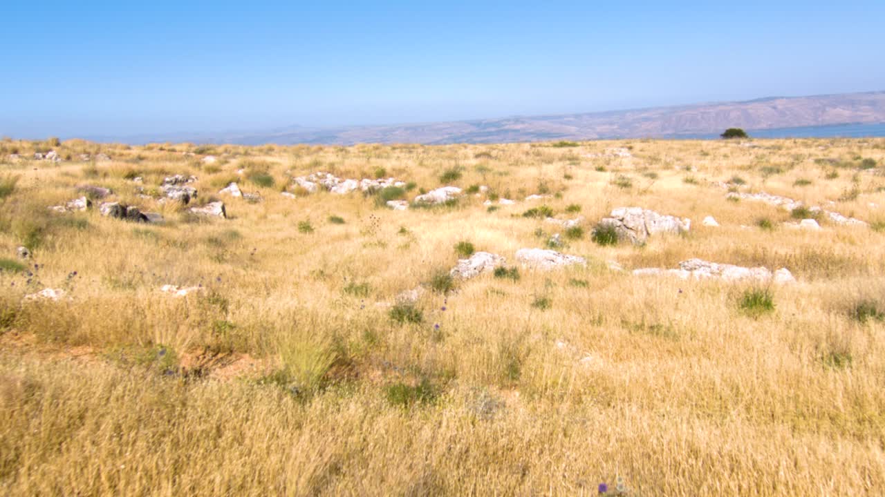 Toma frontal constante de un paisaje de campo seco con el Mar de Galilea al fondo durante un día soleado.