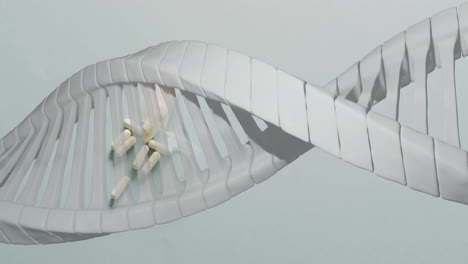 animation of dna strand spinning over pills on white background