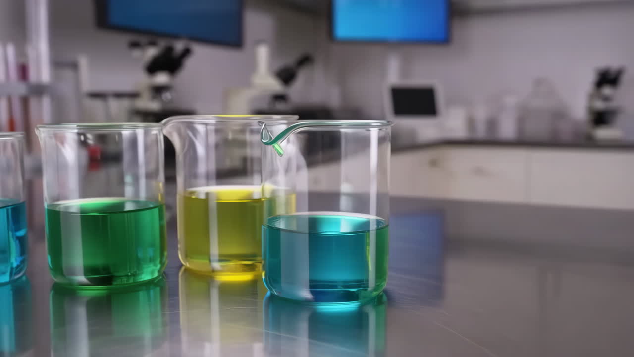 Colorful Liquids in Beakers in a Laboratory