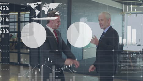 animation of data processing and diagrams over caucasian businessmen shaking hands