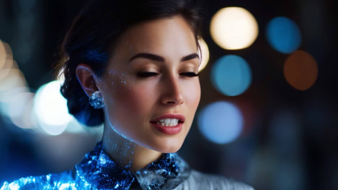 Un ritratto affascinante di una giovane donna con lineamenti scintillanti e sorprendenti occhi azzurri che brillano nella notte su uno sfondo meravigliosamente sfocato