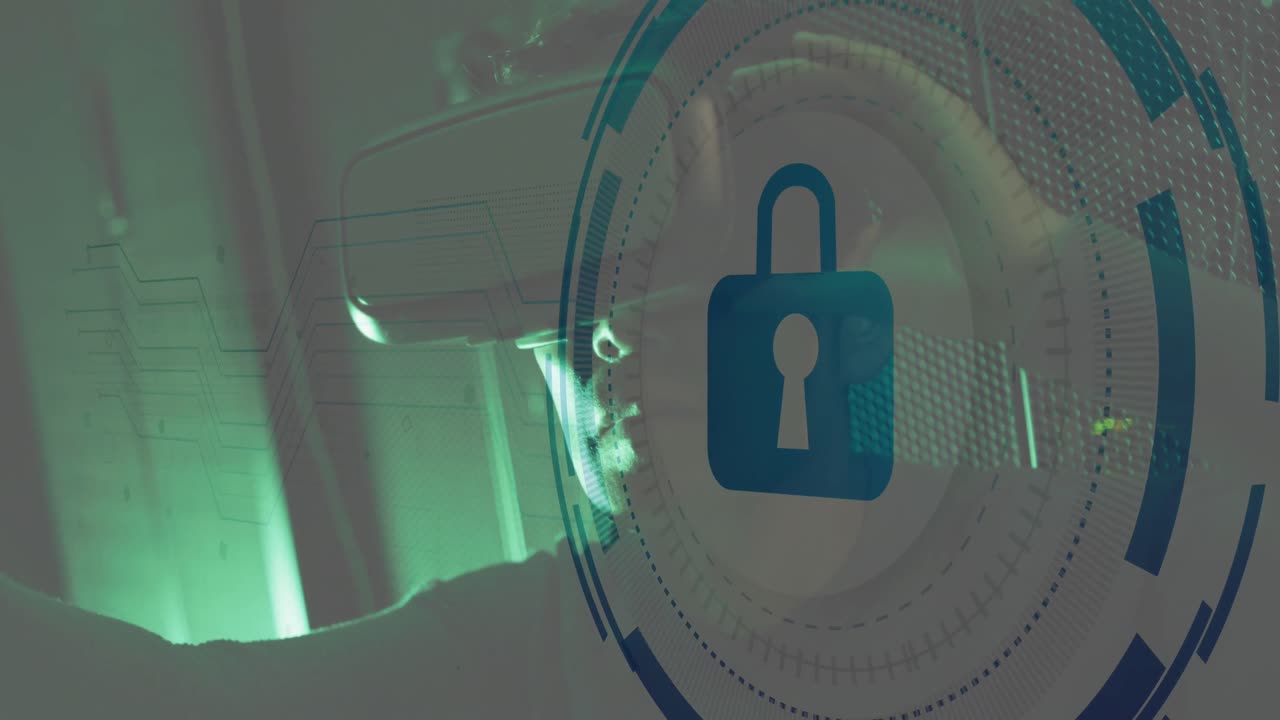 animación del procesamiento de datos sobre un trabajador masculino asiático con auriculares vr en la sala del servidor